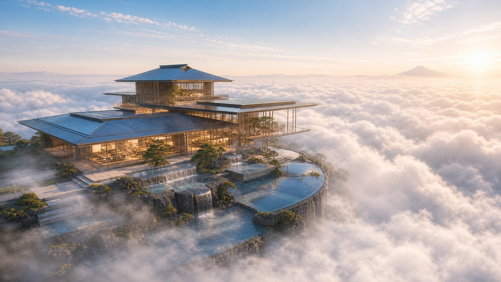 雲海に浮かぶKASUMI 2088の屋根、水庭、テラスを上空から見た建築景観